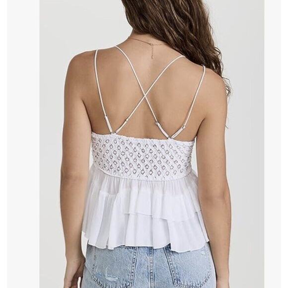Free People Intimately Medium Adella Cami Top White Ruffled Crochet Lace Smocked - Picture 7 of 12